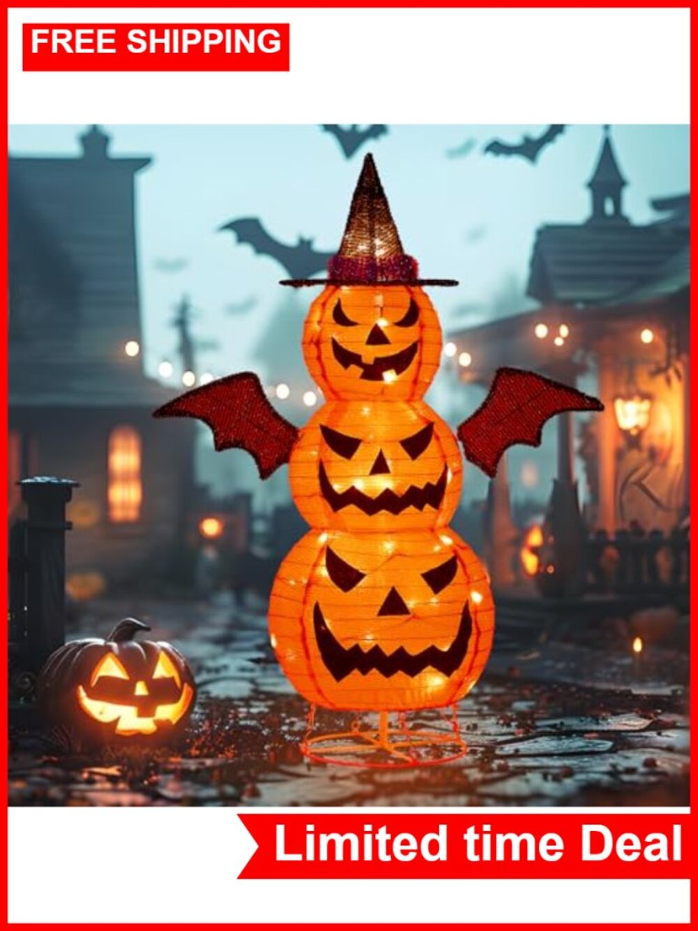 37in Collapsible Pumpkin Man Halloween Decoration with 40 LED Lights Plug-In